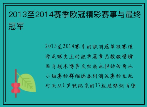 2013至2014赛季欧冠精彩赛事与最终冠军
